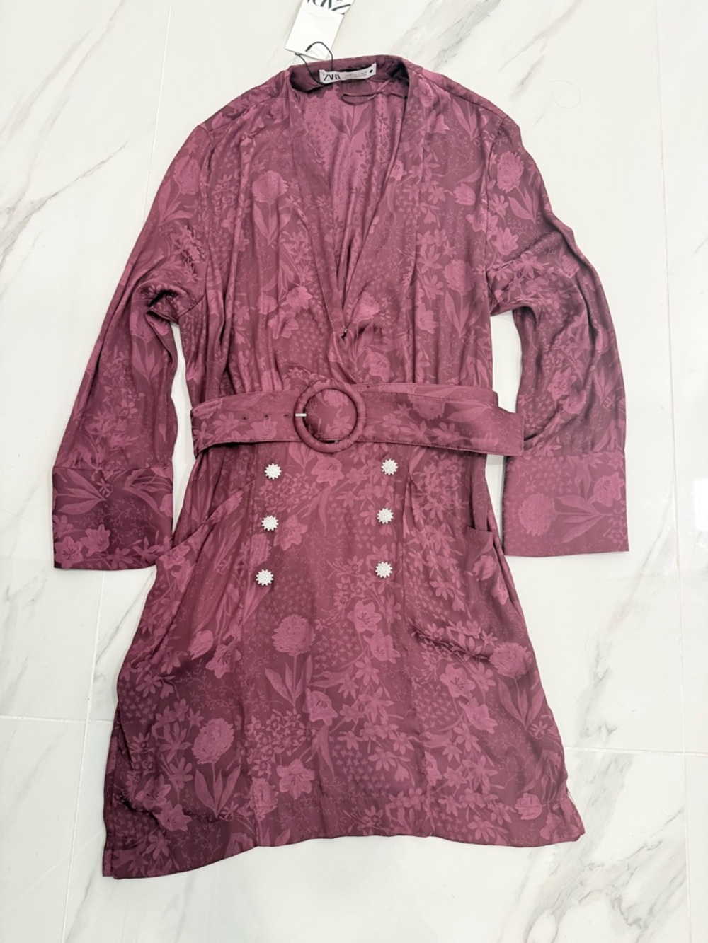 Zara Rose-Mauve Floral Satin Blazer Dress with Belt